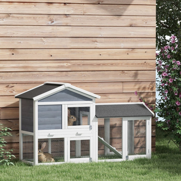 English Elm Pawhut 58" Wooden Rabbit Hutch With Two-Level Design, Weather-Resistant Roof & Easy-Clean Tray W2225P217669-GIGA