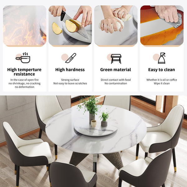 English Elm 53" Round Marble Dining Table With Rotating Turntable, Stainless Steel Base For 6, Modern Design W1535S00390