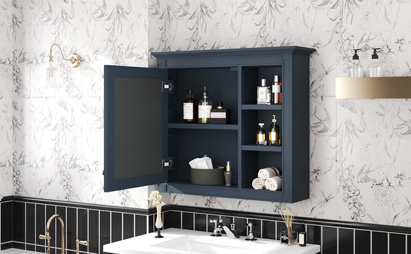 English Elm 30'' Modern Medicine Cabinet Wall Mirror with Hidden Storage and Adjustable Open Shelves for Bath Blue WF318452AAC