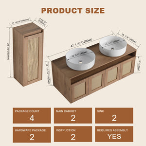 English Elm 48" Floating Bathroom Vanity Oak Finish Dual Ceramic Sinks Four Soft Close Doors W999S00498