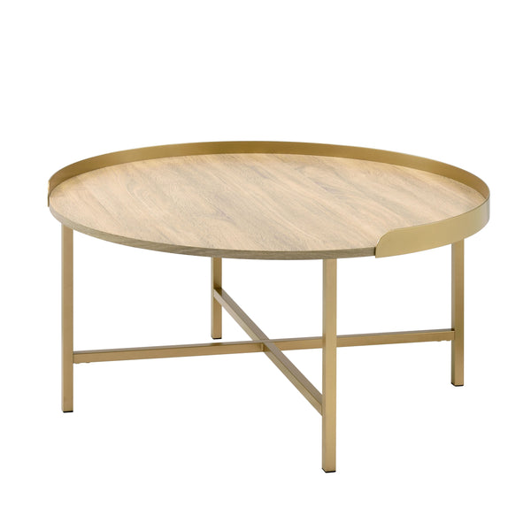 English Elm Modern Round Coffee Table with Cross-Bar Metal Base and Chic Metallic Finish for Elegant Living Spaces Gold,Oak 38 L x 38 W x 7 H B2741P337025