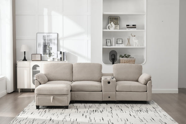 English Elm United Multifunctional L-Shaped Corduroy Sofa: 4-Seater With Usb Ports, Storage, And Comfort Features W1568S00226-GIGA