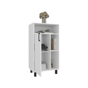 English Elm Bryce Compact Base Cabinet with Door, Open Shelves & Top Display in Kronos White — Durable MDF Storage B200P335361