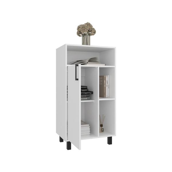 English Elm Bryce Compact Base Cabinet with Door, Open Shelves & Top Display in Kronos White — Durable MDF Storage B200P335361