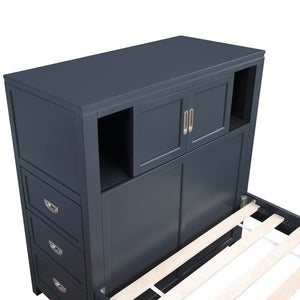 English Elm Gray Twin Platform Bed with Bookcase Headboard Hidden Desk Stool and Footboard Bench Navy Blue B011S02312