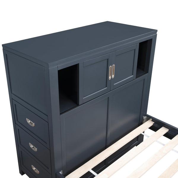 English Elm Gray Twin Platform Bed with Bookcase Headboard Hidden Desk Stool and Footboard Bench Navy Blue B011S02312