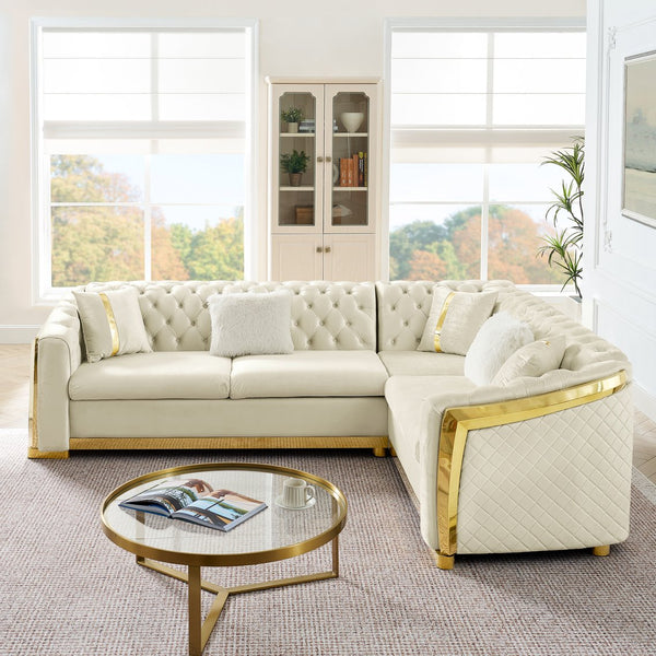 English Elm 106 Inch Velvet Tufted Chesterfield Sectional with Gold Steel Legs for Large Living Rooms Beige W1191S00128