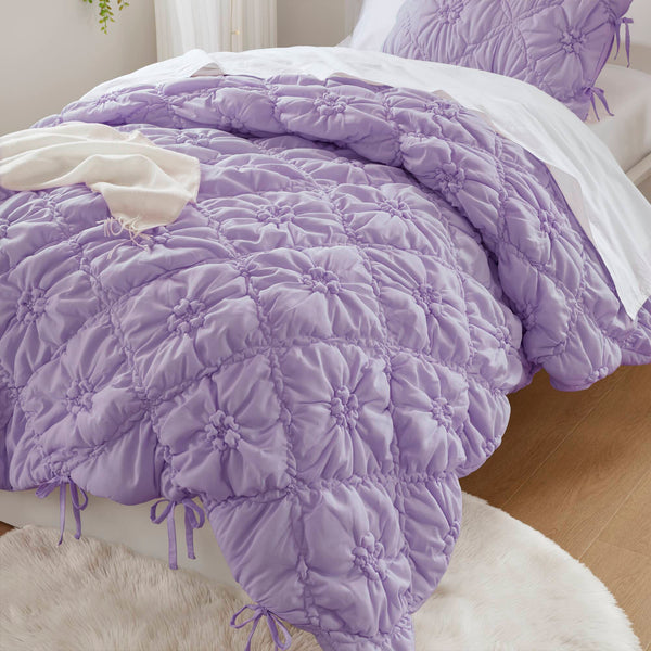 JLA Home Intelligent Design - 2PCS Floral Comforter Set with Puffy Quilting, Bow-Tie Accents & Brushed Microfiber for All-Season Coziness Purple ID10-2473