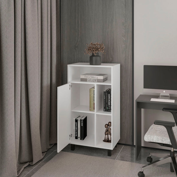 English Elm White Compact Cabinet with Open Shelf and Single Door, Crisp White Finish for Small Spaces, Versatile Storage Solution B062P323172