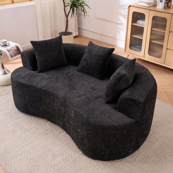 English Elm Crescent-shaped Chenille Sofa Curved Low-back Two-seater with Cloud-like Deep Cushions Black W2012P375746
