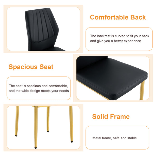 English Elm Table and Chair Set Marble Glass Top Gold Legs Modern 5 Piece Dining for Small Spaces Black,White+Gold W1151S04652