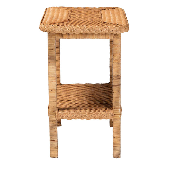 English Elm Bohemian Hand-braided Rattan Side Table with Open Shelf for Warm Organic Interiors B2750P467754