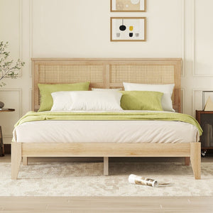 English Elm Queen Size Solid Rubberwood Bed With Rattan Headboard – Durable, Stylish & Space-Saving Design! W504P184305-GIGA