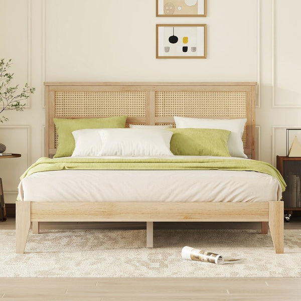 English Elm Queen Size Solid Rubberwood Bed With Rattan Headboard – Durable, Stylish & Space-Saving Design! W504P184305-GIGA