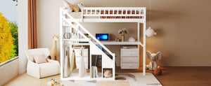 English Elm Twin Loft Bed with Staircase Desk Dual Drawers and Led Strip for Kids Rooms LT000257AAK