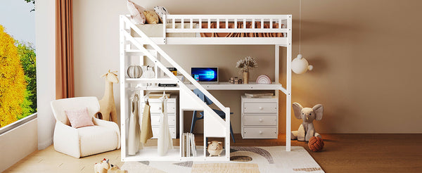 English Elm Twin Loft Bed with Staircase Desk Dual Drawers and Led Strip for Kids Rooms LT000257AAK