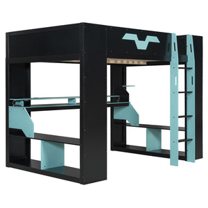 English Elm Full Size Gaming Loft Bed with Rgb Lighting Built-in Desk and Usb Charging Ports Blue LT000275AAC