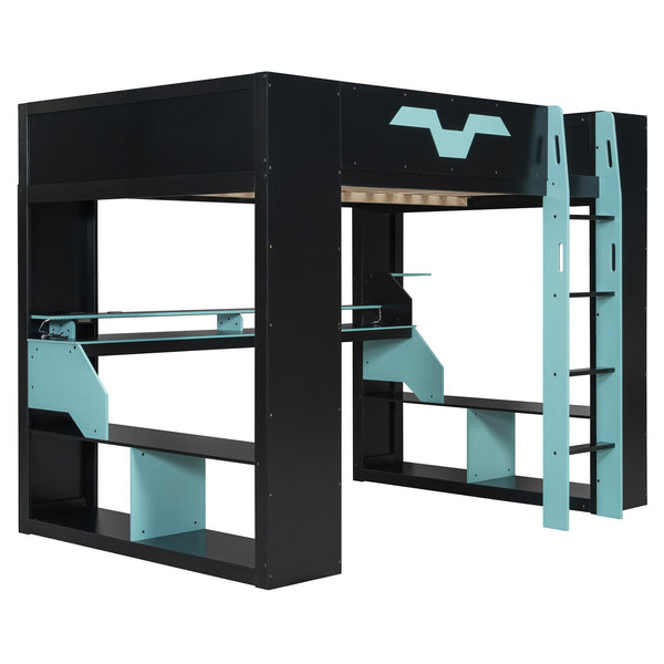 English Elm Full Size Gaming Loft Bed with Rgb Lighting Built-in Desk and Usb Charging Ports Blue LT000275AAC