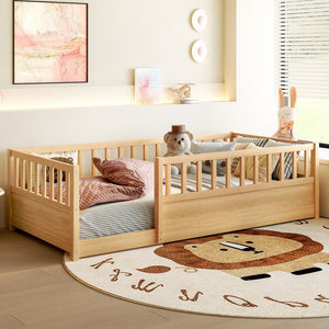 English Elm Twin Montessori Floor Bed Solid Pine Frame with Safety Fence Door for Kids Play Space Natural W1858P382399
