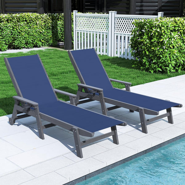 English Elm Lounge Outdoor Hdpe Reclining Chaise with Teslin Fabric Seat Wheels and Cup Holder Navy Blue W1859P495099