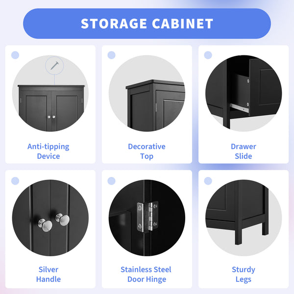 English Elm Bathroom Storage Cabinet with Two Doors and Drawers, Adjustable Shelf, MDF Finish, Slim 28"L x 15"W Black N725P188460B