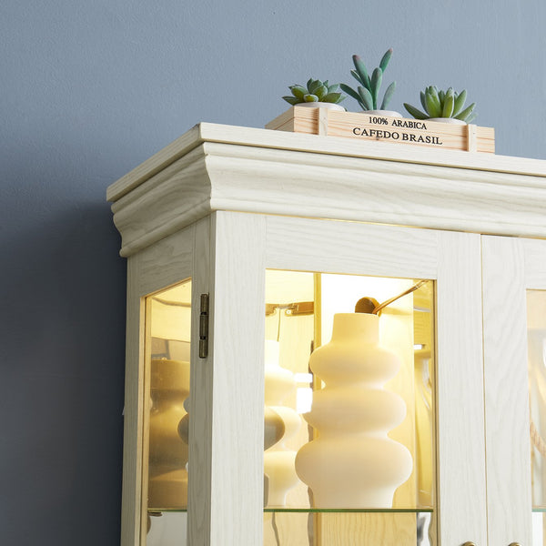 English Elm Lighted Glass Curio Display Cabinet with Quiet Hinge, Internal LED Lighting, Adjustable Shelves, Vintage Carved Handle Antique White W2275P199812