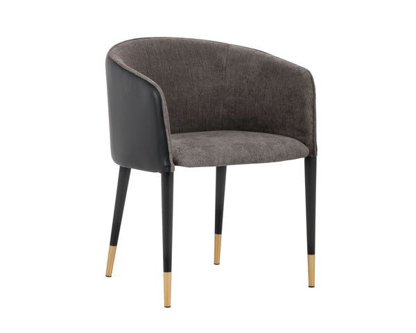 Sunpan Asher Dining Armchair - Modern Barrel Back Design with Black Steel Legs and Elegant Gold Foot Caps Sparrow Grey / Napa Black