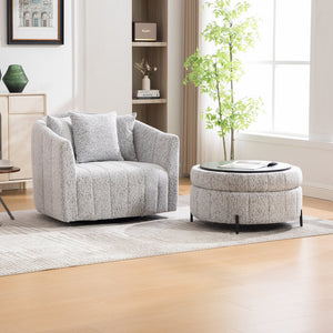 English Elm 39"w Swivel Barrel Club Chair with Channel Tufted Chenille and Round Storage Ottoman Set White+Black W3118S00047