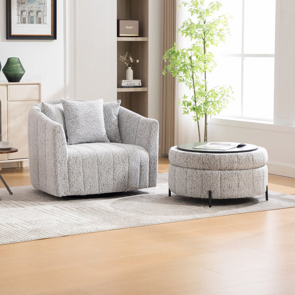 English Elm 39"w Swivel Barrel Club Chair with Channel Tufted Chenille and Round Storage Ottoman Set White+Black W3118S00047