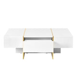 English Elm 47.2'' X 31.4''Minimalist High Gloss Coffee Table With 2 Drawers, Multi-Storage Rectangle Sofa Table With Golden Wood Grain Legs, Modern Center Table For Living Room, White