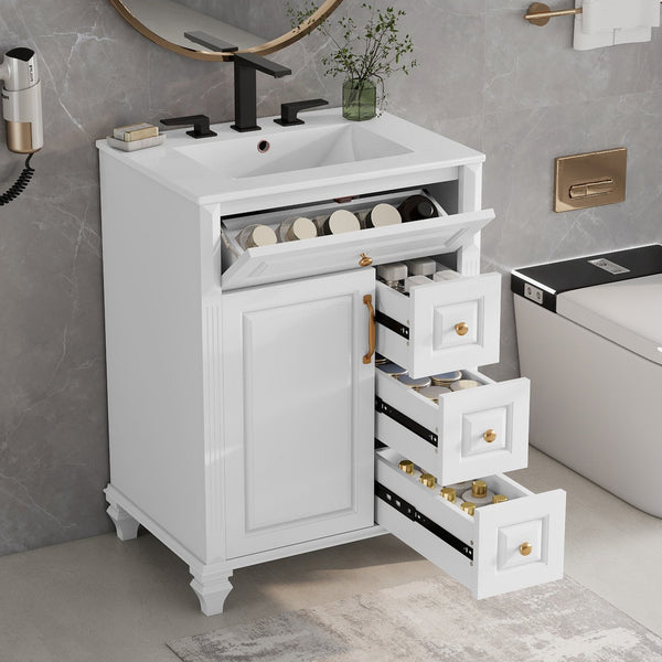 English Elm 24 Inch Freestanding Bathroom Vanity Solid Rubberwood Ceramic Sink Matte Finish Storage White N725P375626K