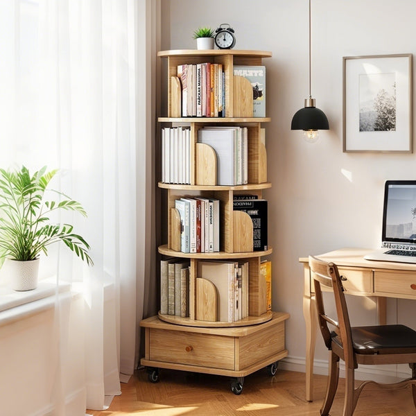 English Elm 5 Tier Rotating Bookshelf Tower with Curved Edges, 360° Smooth Spin, Stable Double-Layer Base, Space-Saving Storage Oak W3204P293695
