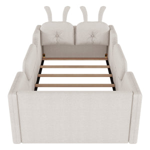 English Elm Twin Kids Platform Bed Teddy Fabric Upholstered with Bunny Cushions and Safety Rails White W2593P395806