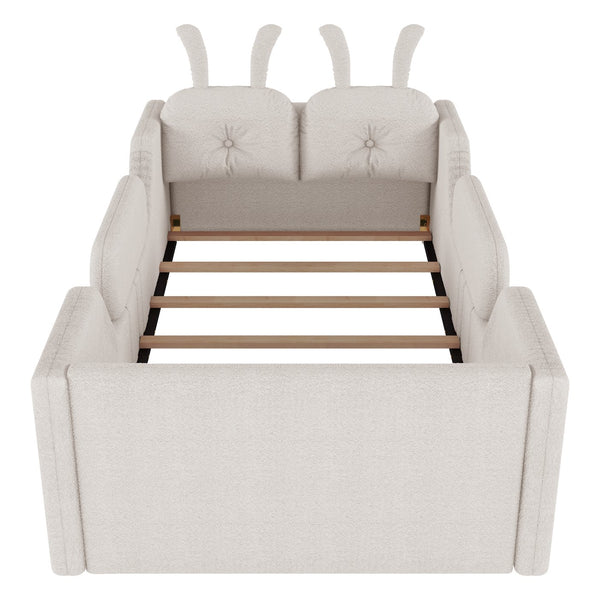 English Elm Twin Kids Platform Bed Teddy Fabric Upholstered with Bunny Cushions and Safety Rails White W2593P395806
