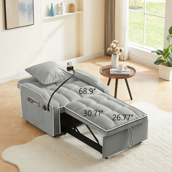 English Elm Sleeper Sofa Chair Velvet Convertible Armchair with Usb Charging for Small Spaces Gray W1359P458676