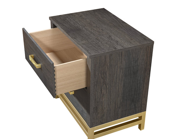 English Elm 1pc Contemporary 2-Drawer Nightstand with Metallic Accents, Warm Wood Finish, Modern Storage Appeal Gold,Gray 26.38 L x 18.74 W x 28.9 H B2741P353121