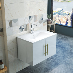 English Elm 30-Inch Sleek White Gloss Wall-Mounted Bathroom Vanity With Gold Handles & Soft-Close Doors, Easy Install W3151S00052