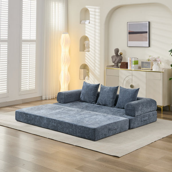 English Elm Comfy Chenille Convertible Folding Mattress Couch Sofa Bed with Armrest, Space-Saving, No Assembly Needed Blue W1143P330252