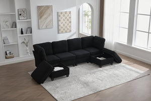 English Elm UNITED Modular 6-Seat Sectional Sofa with Removable Ottoman, Storage Compartments, Convertible Comfort Black W1568S00243