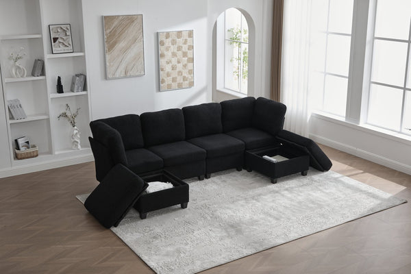 English Elm UNITED Modular 6-Seat Sectional Sofa with Removable Ottoman, Storage Compartments, Convertible Comfort Black W1568S00243