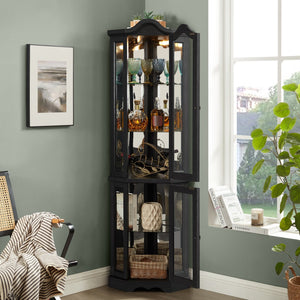 English Elm Lighted Corner Curio Cabinet With Adjustable Shelves & Integrated Lighting - Stylish Oak Display Solution W1758P300124