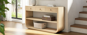 English Elm [video] Sculptural Console Table Pine Wood Curved Legs Soft-close Drawers Open Shelving Entryway Natural N759P433560N