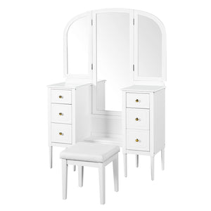 English Elm Antique Glam Vanity Desk with Triple Mirror, Stool & 6 Drawers, Full‑Length Mirror, White Elegance N844P285297A
