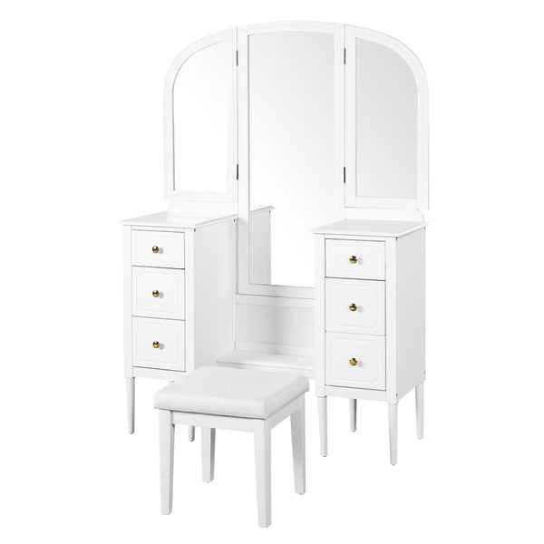 English Elm Antique Glam Vanity Desk with Triple Mirror, Stool & 6 Drawers, Full‑Length Mirror, White Elegance N844P285297A