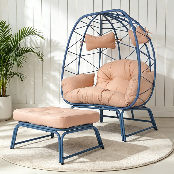 English Elm Double Wicker Egg Chair with Ottoman Bohemian Two Person Outdoor Lounge Seat T5880P501479