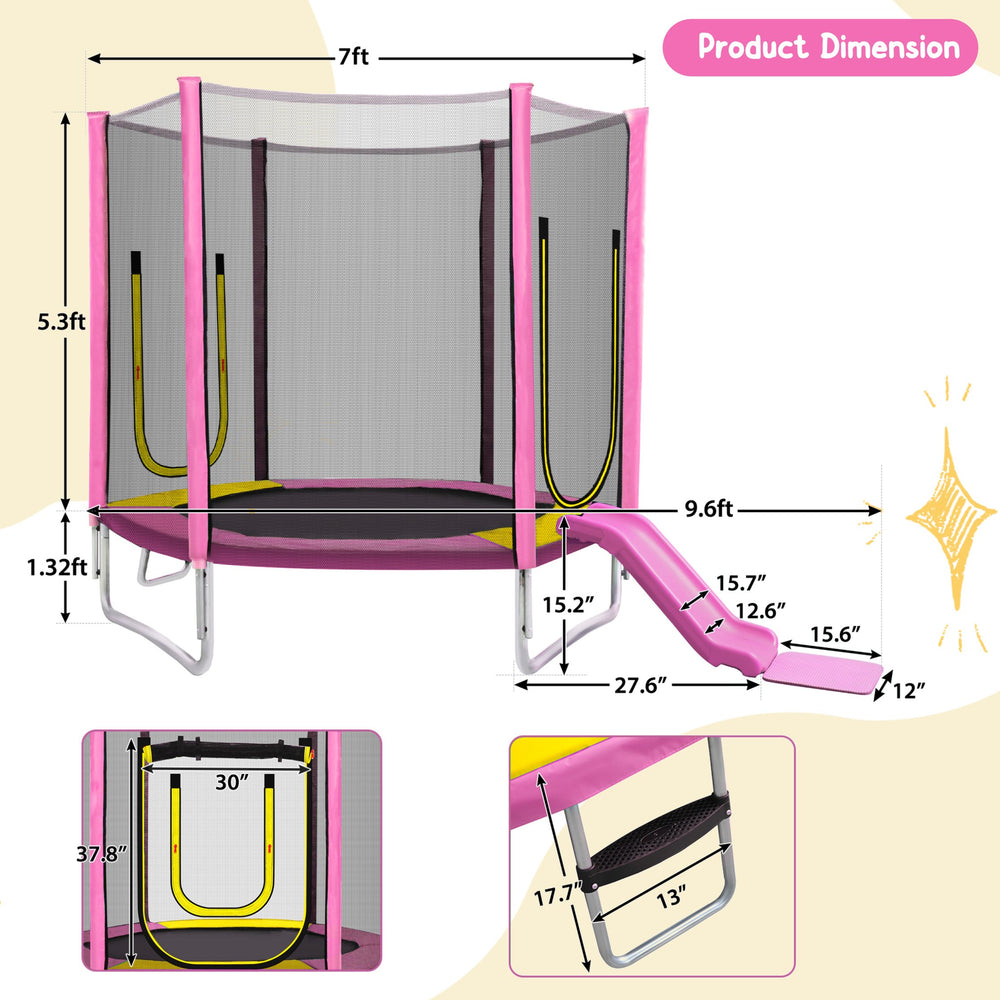English Elm 7ft Hexagonal Kids Outdoor Trampoline with Enclosure Net Slide and Ladder Pink N739P272805P