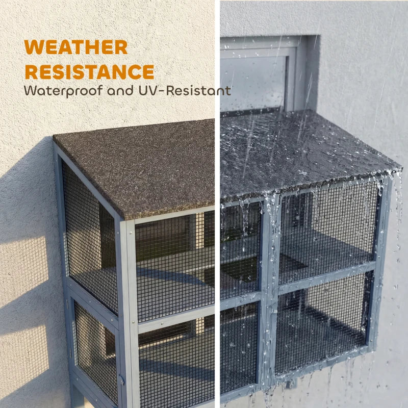 English Elm Window Mounted Fir Wood Catio Double Tier Outdoor Cat Enclosure with Mesh Roof T3971P481590