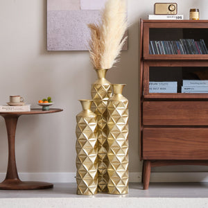 English Elm Metal Antique Gold Decorative Vase Set Of 3 - Modern Geometric Design With 3D Triangle Pattern W2796P193603