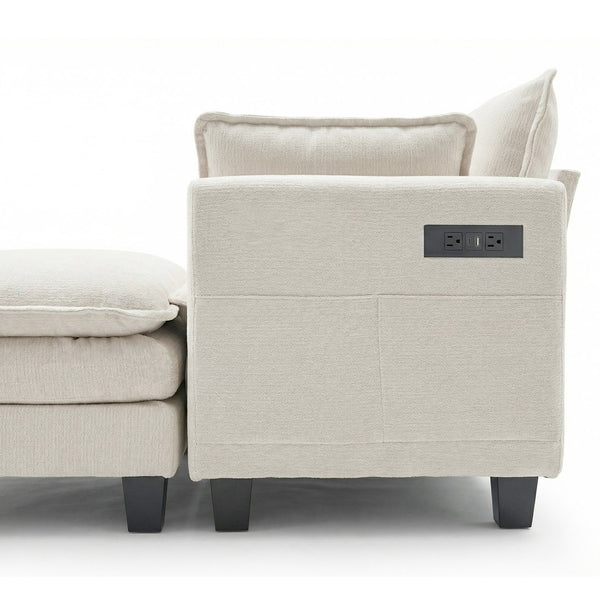 English Elm Modern Chenille Three Seat Sofa with Ottoman Usb Charging Ports and Storage Pockets Beige White W2519S00001