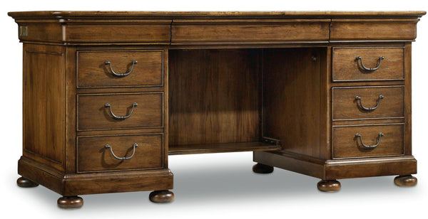 Hooker Furniture Archivist Pecky Pecan Executive Desk With Leather Writing Surface, Antique Bronze Hardware & Storage 5447-10563